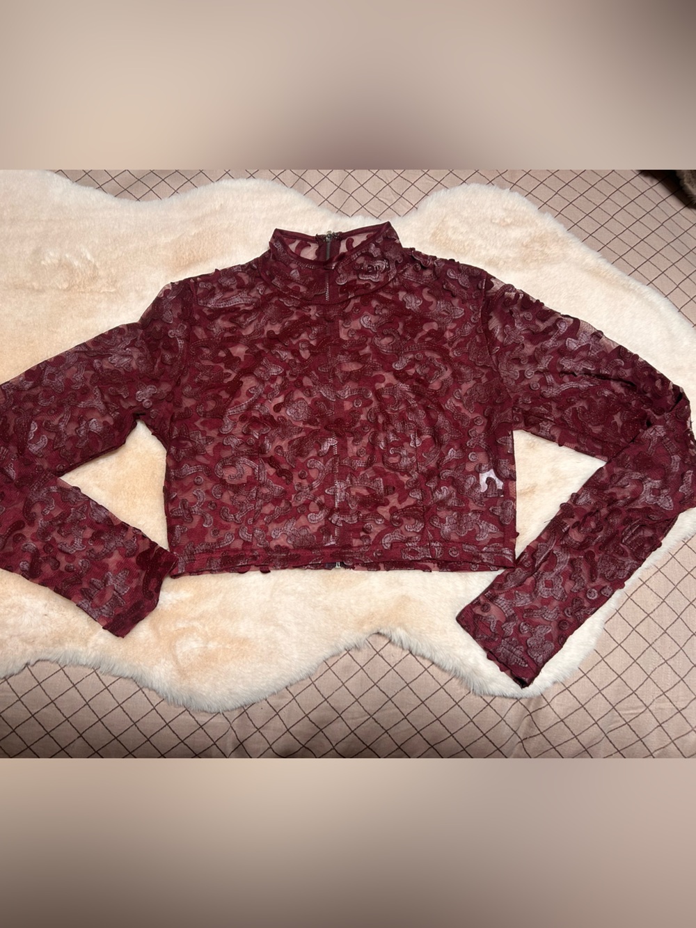 REHAB- Burgandy Pleather Appliqué Mesh Crop Top